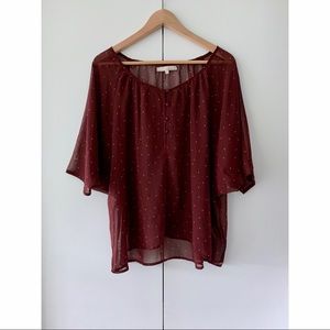 Monk & Lou | Burgundy Sheer Polka Dot Blouse - EUC